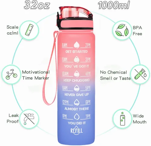 Miniatura 2 de Enerbone Botella de Agua, A Prueba de Fugas Sin BPA y Tóxicos, Botella de Agua Motivacional con Horarios para Beber y Pajita, Botella de Agua