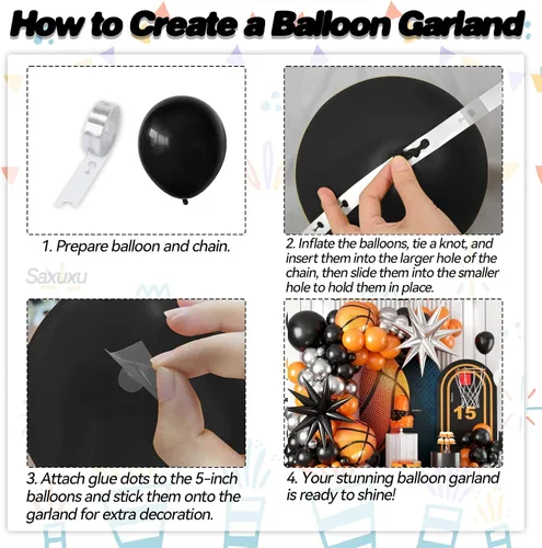 Miniatura 3 de Kit de arco de globos de baloncesto, kit de guirnalda de globos negros y naranjas, globos de estrella plateada de papel aluminio para baloncesto