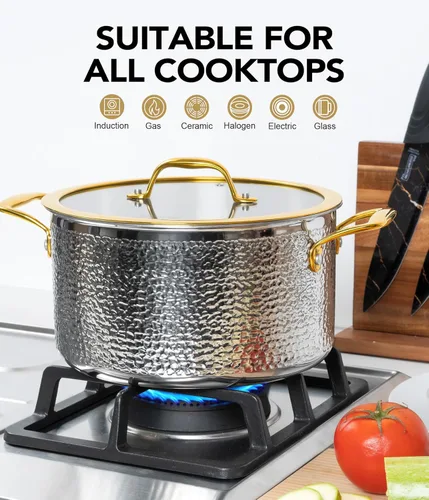 Miniatura 4 de Michelangelo Triply - Juego de ollas y sartenes de acero inoxidable, juego de utensilios de cocina de acero inoxidable martillado de 10 piezas
