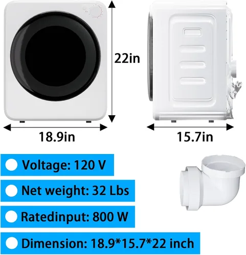 Miniatura 6 de Secadora de ropa portátil de 1.6 pies cúbicos, secadora de lavandería de carga frontal de secado rápido de 800W con 5 modos, mini secadora eléctrica