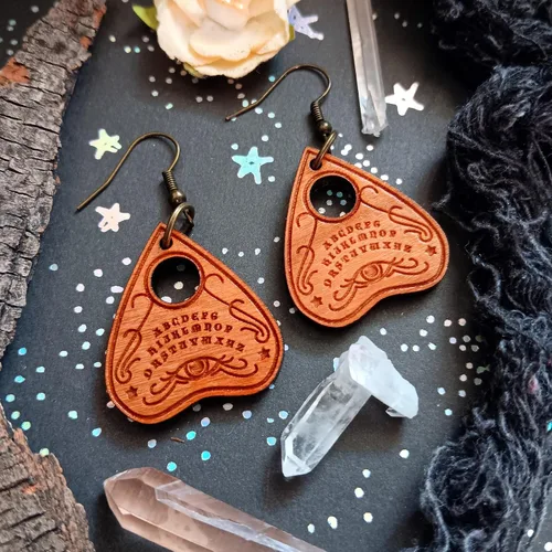 Miniatura 7 de Spirit Board - Aretes colgantes tipo planchette, hipoalergénicos de madera sin níquel, joyería de bruja de invocación de espíritu de mal de ojo