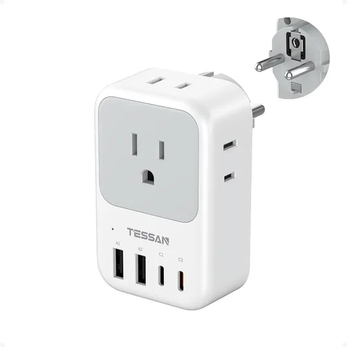 Miniatura 9 de Adaptador de enchufe de viaje europeo, adaptador de corriente TESSAN International con 4 tomas, 4 puertos USB (2 USB-C, 1 con PD 20W), adaptador
