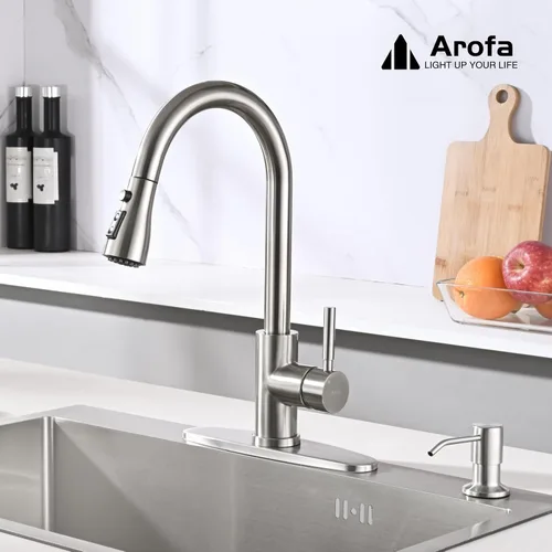 Miniatura 2 de Arofa Grifo de Cocina con Dispensador de Jabón, Grifo de Fregadero de Cocina de Acero Inoxidable con Rociador Desplegable de 3 Modos, Monomando