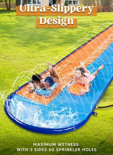 Miniatura 5 de Sloosh Toboganes de agua dobles de 22.5 pies, tobogán de césped resistente con aspersor y 2 tablas inflables, patio trasero, césped, verano, juguete
