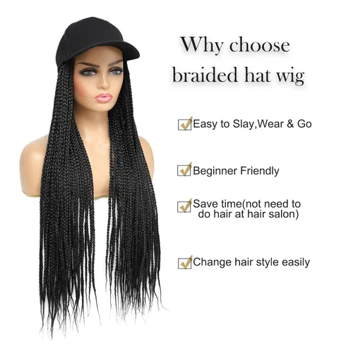Miniatura 5 de Gorra con peluca para mujeres con gorra de béisbol y cabello trenzado adjunto, peluca de trenzas negras sintéticas, gorra ajustable con trenzas