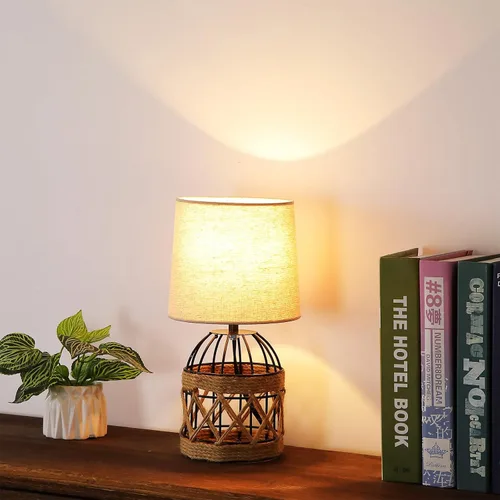 Miniatura 7 de Lámpara de mesa bohemia para dormitorio, pequeña lámpara de noche con base de jaula de metal de ratán y pantalla de lino, lámpara de mesita de noche