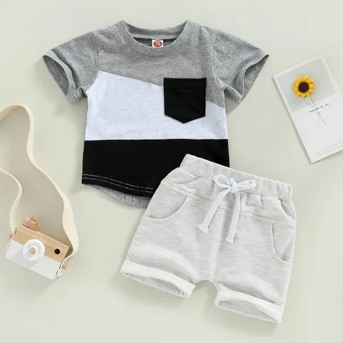Miniatura 3 de Karesoull Conjunto de ropa de verano para bebé y niña, unisex, con diseño de gofre, color liso, manga corta, con bolsillo, 2