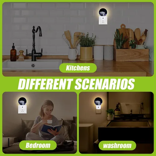 Miniatura 6 de Luz nocturna de gato blanco, flores moradas enchufables con sensor de atardecer a amanecer para dormitorio, baño y sala de estar, lámpara apta