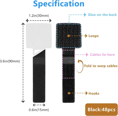 Miniatura 3 de Gestión de cables de escritorio, organizadores de cables para cordones - Actualización 48 PCS bridas de cable autoadhesivas negras con respaldo
