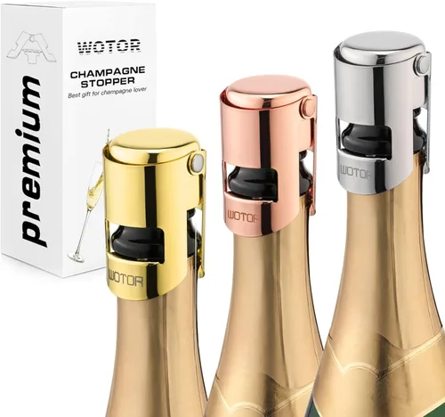 WOTOR Paquete de 3 Tapones de Champán con Conservador de Champán de Acero Inoxidable con Silicona de Grado Alimenticio a Prueba de Fugas Mantiene