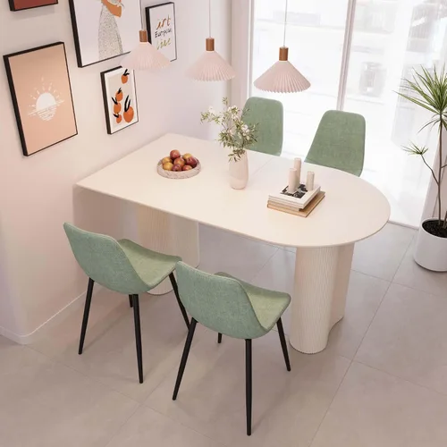 Miniatura 9 de Moderno juego de mesa de comedor color crema para 4, juego de mesa de comedor y sillas de 5 piezas, mesa de comedor ovalada blanca de 63 pulgadas