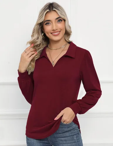 Miniatura 3 de LOMON Camisas tipo polo de manga larga con cuello en V y manga abombada para mujer