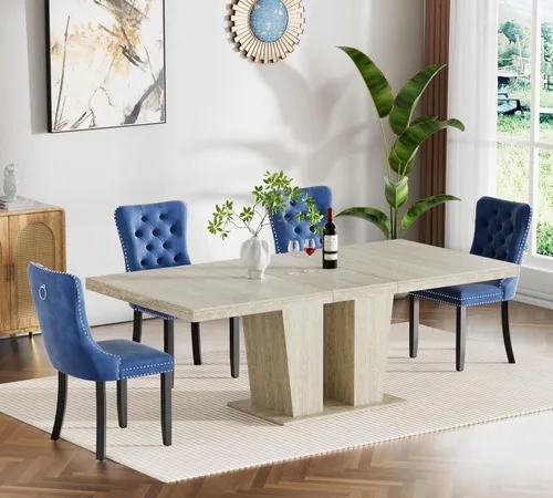 Miniatura 49 de Henf Juego de mesa de comedor extensible de 7 piezas para 6, 160 cm-200 cm Mesa de cocina extensible de grano de mármol blanco con 6 sillas Blanco