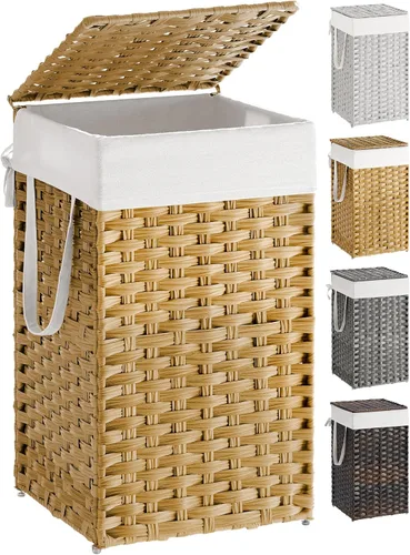 Miniatura 14 de SONGMICS Canasta de lavandería con tapa, cesto de ropa de 23.8 galones (90 L) de ratán sintético con tapa y asas, plegable, forro extraíble