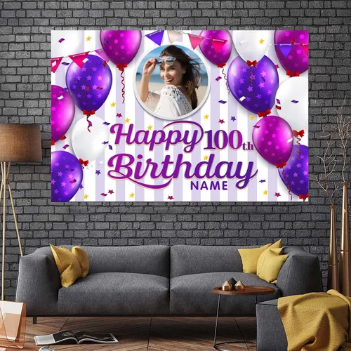 Miniatura 7 de Cartel decorativo personalizado de feliz cumpleaños número 100, personalización disponible, morado, tamaño grande - Fotos y nombres personalizados