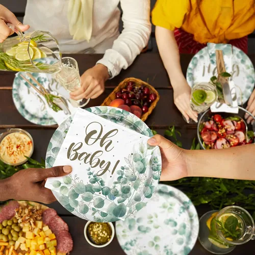 Miniatura 7 de Sage Greenery - Suministros de fiesta de baby shower, platos de papel desechables, servilletas, tazas y mantel para decoraciones de fiesta bohemia