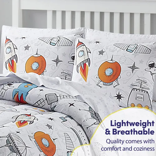 Miniatura 4 de Juego de ropa de cama para niños en una bolsa para niños y niñas, con juego de sábanas impresas y edredón, tamaño completo, flotando en el espacio