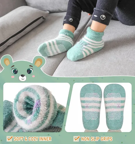 Miniatura 3 de 6 pares de calcetines antideslizantes para bebés, niños y niñas, calcetines cálidos de lana gruesa y suave con empuñaduras