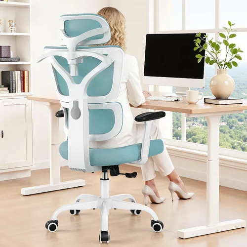 Miniatura 13 de Silla de oficina ergonómica con respaldo alto y soporte lumbar, silla de computadora de malla transpirable con reposabrazos ajustables, silla Blanco