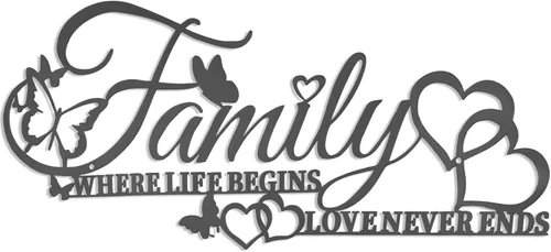 Family Where Life Begins Love Never Ends Word - Decoración de pared de metal negro con corazón de mariposas, escultura colgante de letras de hierro