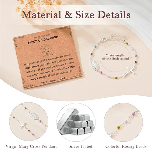 Miniatura 5 de Pulsera de cruz católica de la Virgen María para niñas y mujeres, pulsera de cuentas de rosario, primera comunión, confirmación, bautismo, madrina