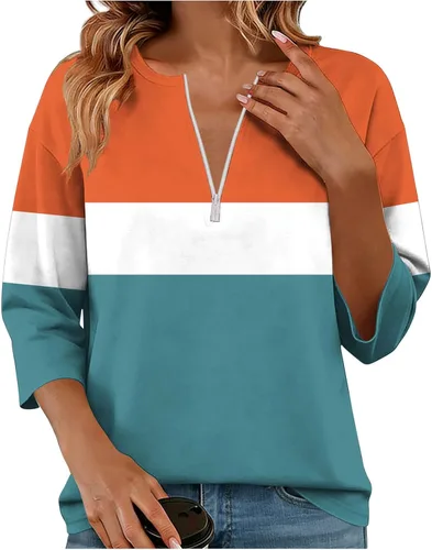 Miniatura 16 de Sudadera de manga larga con media cremallera para mujer, de gran tamaño, bloque de color, con cremallera de un cuarto, camisas de moda de primavera
