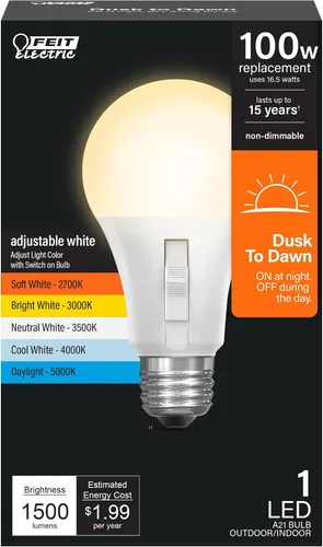 Miniatura 10 de Bombilla LED con sensor de movimiento Feit Electric, A19 equivalente a 60 W, 5CCT, no regulable, base media E26, CRI 90, 800 lúmenes, blanco