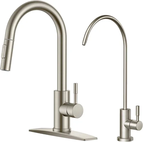 Miniatura 18 de FORIOUS Grifo de cocina con rociador desplegable, níquel cepillado, arco alto, moderno, clásico, grifo de fregadero de acero inoxidable con placa