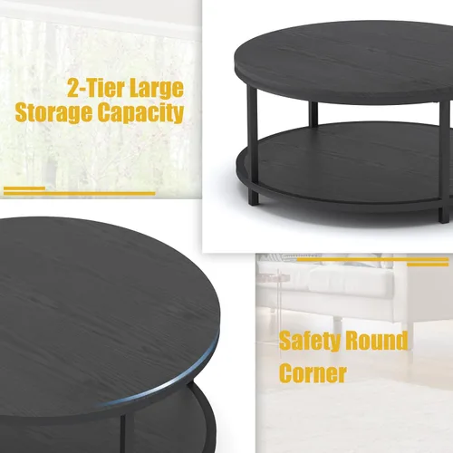 Miniatura 5 de WiberWi Mesa de Centro Redonda Negra de 35.8" Mesas de Centro Circulares para Sala de Estar Diseño Industrial Rústico con Patas de Marco de Metal