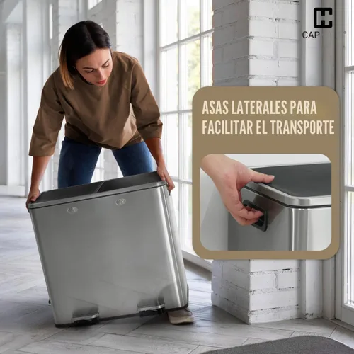 Miniatura 8 de CAPHAUS Cubo de Basura Dual con Tapa Doble, Combo de Cubos de Basura y Reciclaje, Cubo de Basura de Acero Inoxidable Sin Manos para Cocina, con 2