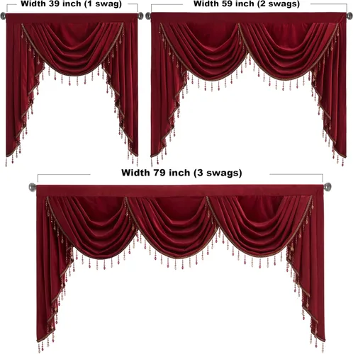 Miniatura 5 de StangH Cenefa de cortinas de terciopelo rojo con cuentas de lujo para dormitorio, cenefas gruesas de cascada con bolsillo para cortinero