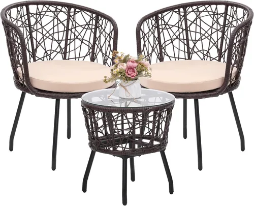Miniatura 8 de Kromax Juego de 4 muebles de patio estilo bistró para exteriores, sofá de mimbre, 2 sillas de ratán y mesa, juego de conversación para el patio