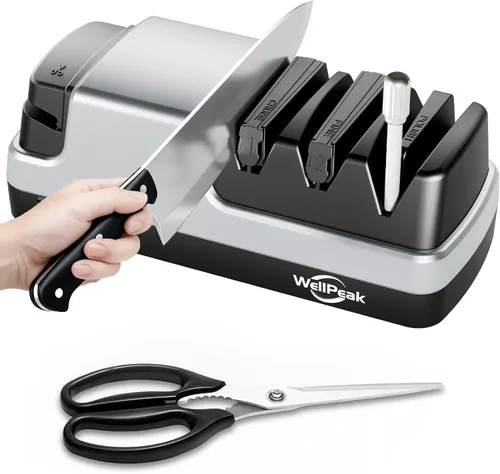 Afilador Eléctrico Multifuncional de 4 Etapas para Cuchillos y Tijeras, Abrasivo de Diamante para Cuchillos de Chef de Filo Recto, Varilla de