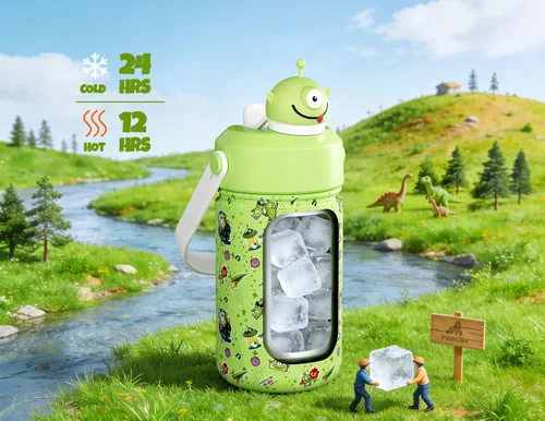 Miniatura 2 de POWCAN 12 oz Insulated Water Bottle for School: 2-in-1 Straw Spout Lid with Soft Animal Head, BPA-Free, Leakproof, Keep Cold 24H, Easy Carry