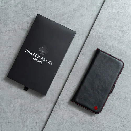 Miniatura 5 de Porter Riley - Funda de cuero para iPhone 13 (6.1 pulgadas). Funda de piel auténtica de primera calidad con ranuras para tarjetas, soporte Negro/Rojo