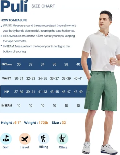 Miniatura 6 de PULI Pantalones cortos de golf híbridos para hombre, estilo casual, chino, elástico, frente plano, ligero, de secado rápido con bolsillos