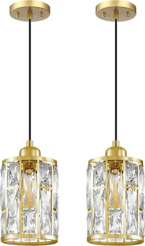 Paquete de 2 colgantes de isla de cocina con pantalla de cristal de 5.4 pulgadas, acabado dorado, moderno colgante con pantalla de metal de cristal