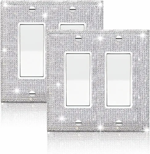 Miniatura 13 de (1 unidad) Cubierta de interruptor de luz de piedra de imitación de plata brillante, cubierta de placa de pared brillante 1 pedrería plateada