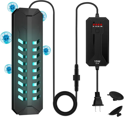 TAISHAN Luz limpia para acuario, luz sumergible de 15 W con temporizador, doble tubo para acuario de agua, verde, transparente, impermeable, lámpara