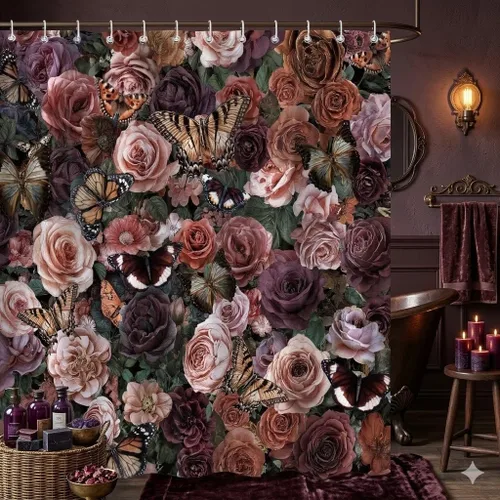 Cortina de ducha floral vintage, diseño gótico de rosa oscuro, mariposa, floral, retro, arte bohemio, estético, botánico, decoración de baño con