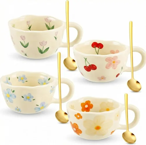 Vesici Paquete de 4 tazas de café de cerámica con cuchara de 8.5 onzas, bonitas tazas de té estéticas con asa para té, leche, tazas de café con