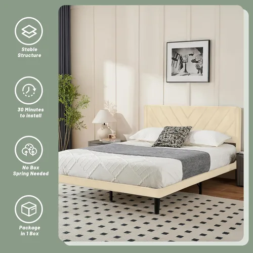Miniatura 7 de Base de cama de plataforma de tamaño matrimonial con cabecera de terciopelo, borde de ala, listones de madera resistentes, sin ruido, no necesita
