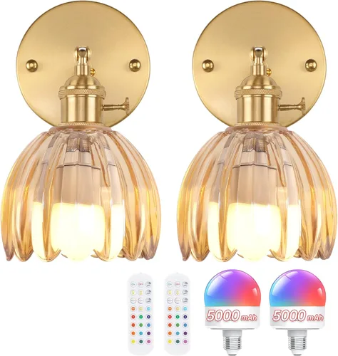 Miniatura 35 de Shenmoyl Aplique de Pared Vintage Operado por Batería con Linda Campana de Vidrio Tulipán Verde, Recargable Inalámbrica, Luz de Pared con Control