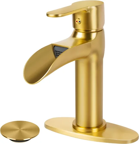 SOKA Grifo dorado para lavabo de baño con cascada, grifo de lavabo de un solo orificio con drenaje emergente, grifo moderno para fregadero de tocador