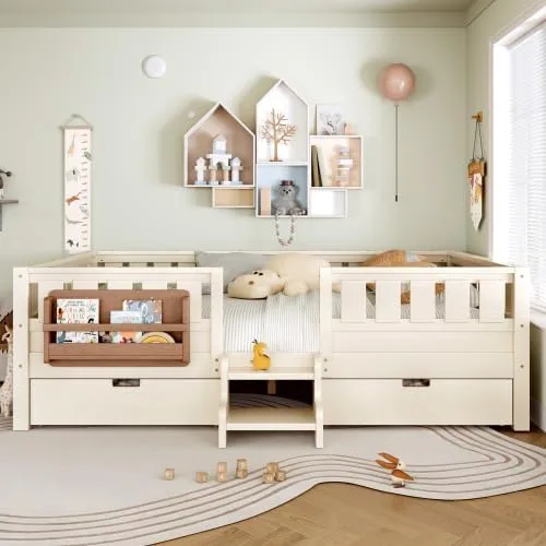 Miniatura 6 de Bellemave Cama Montessori de tamaño Queen con 2 cajones y estantería, camas de suelo para niños con barandillas de seguridad y escaleras, marco