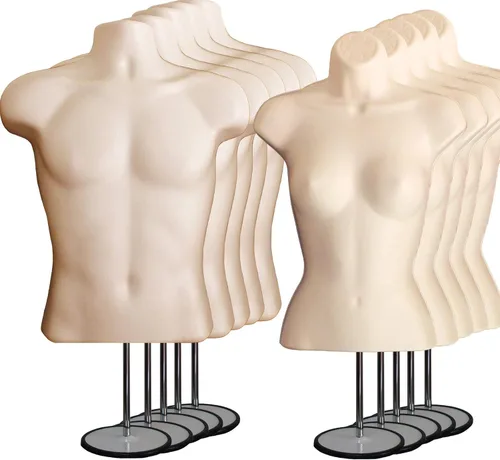 Miniatura 27 de Torso de maniquí masculino y femenino con soporte de metal, cuerpo hueco en la espalda, forma de vestido apilable para exhibición de camisetas, Gris