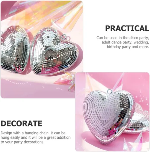 Miniatura 6 de VILLCASE Bolas de discoteca en forma de corazón, decoraciones de bola de discoteca plateada con cadena adjunta, colgante de luz reflectante para DJ