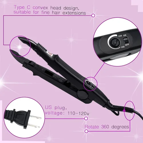 Miniatura 3 de Zhehao Herramienta de extensiones de cabello, cabeza C, punta en U, varilla de conector de hierro con 2 bolsas de queratina pegamento granulado Negro