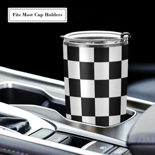 Miniatura 5 de CaTaKu Vaso de carreras con bandera a cuadros de 20 onzas con tapa y pajita, acero inoxidable a cuadros en blanco y negro, aislado al vacío, taza