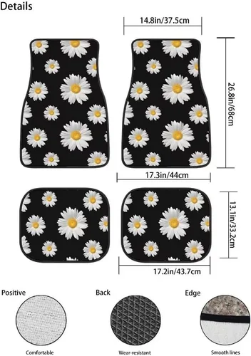 Miniatura 2 de Juego de 4 alfombrillas para piso de automóvil, diseño de flores con estampado de margaritas negras, alfombrillas delanteras y traseras